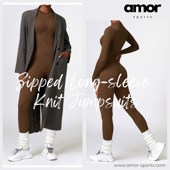 Zipped Long-sleeve Knit Jumpsuit