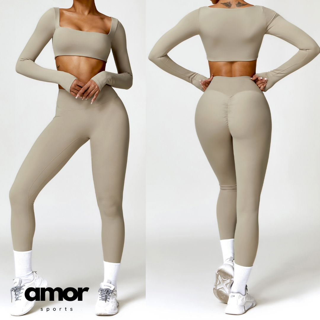 Κομψό μακρυμάνικο τοπ Skinny Scrunched Legging Set - Τσιμέντο 