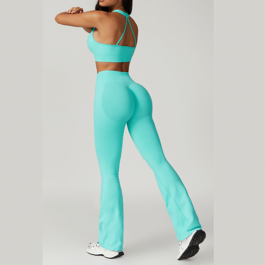 V-Neck Stylish Scrunched Flared Legging Set - Tiffany Blue