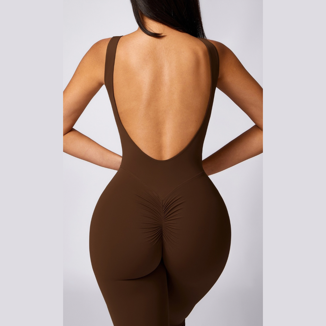 Adina Sexy Scrunch Backless Jumpsuit - Coffee