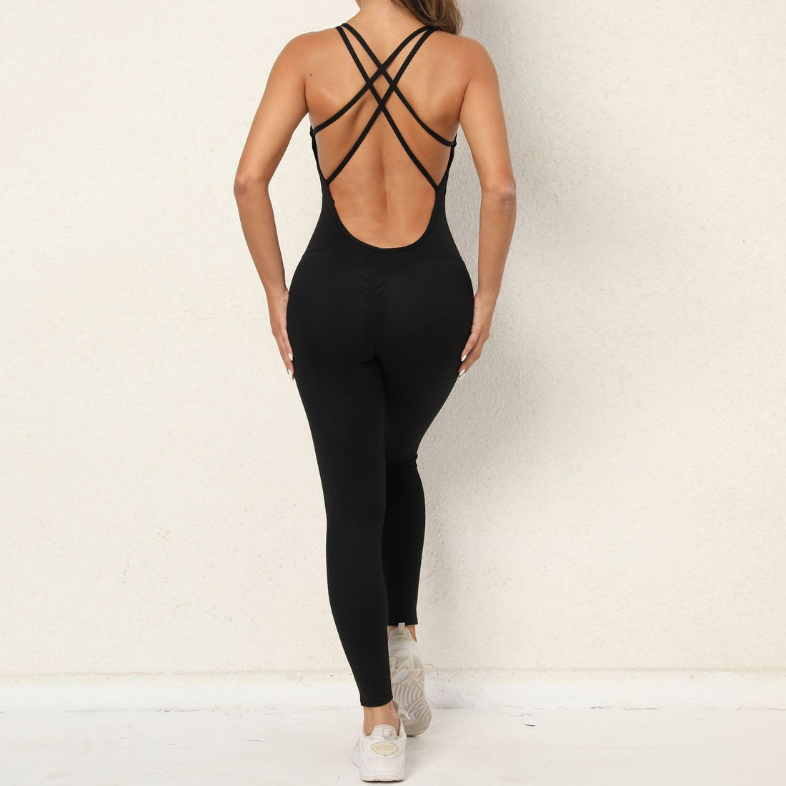 U-Neck Double X-Back Jumpsuit - Black