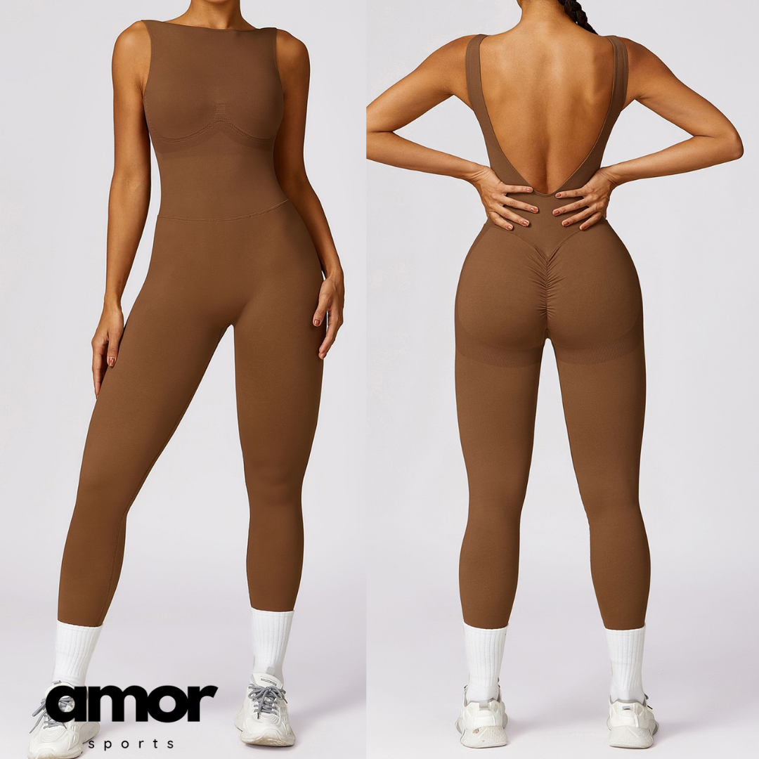 Seamless Deep-V Jumpsuit - Coffee