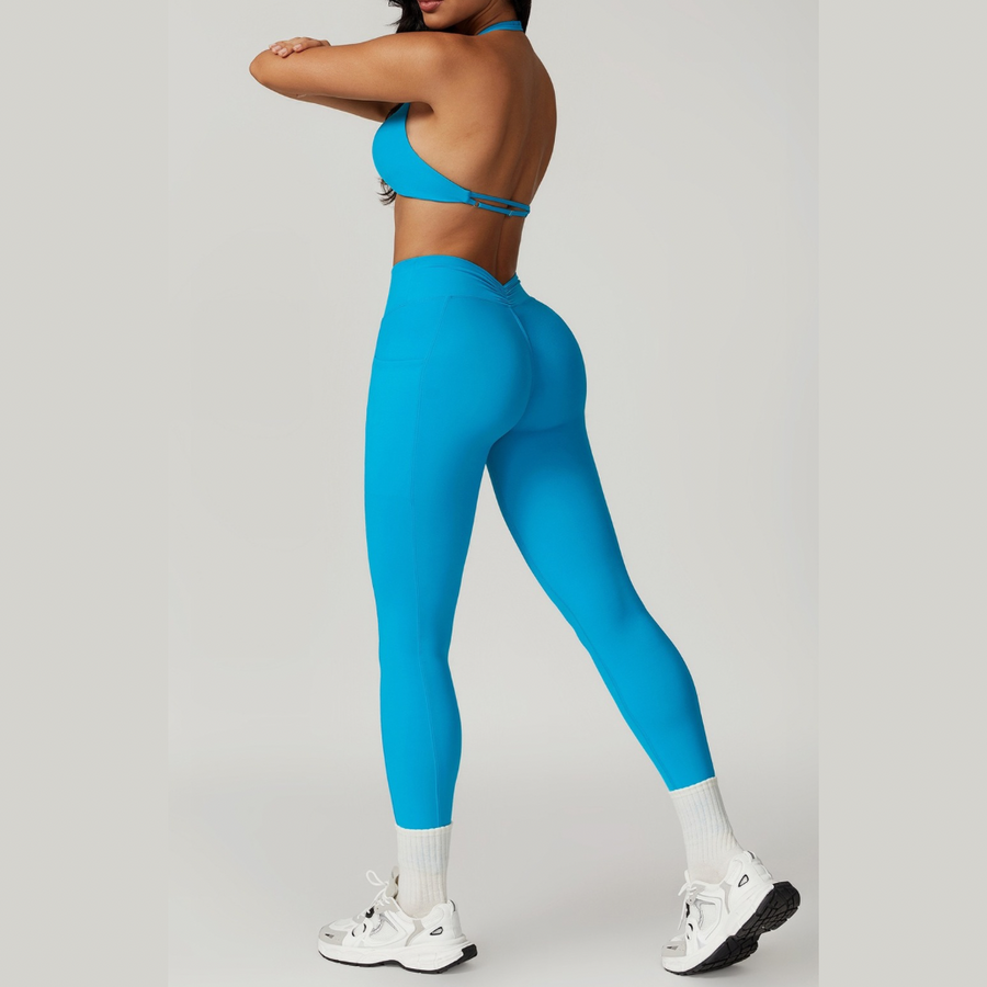 LUNA Chic Backless Top V-Shaped Legging Set- Blue