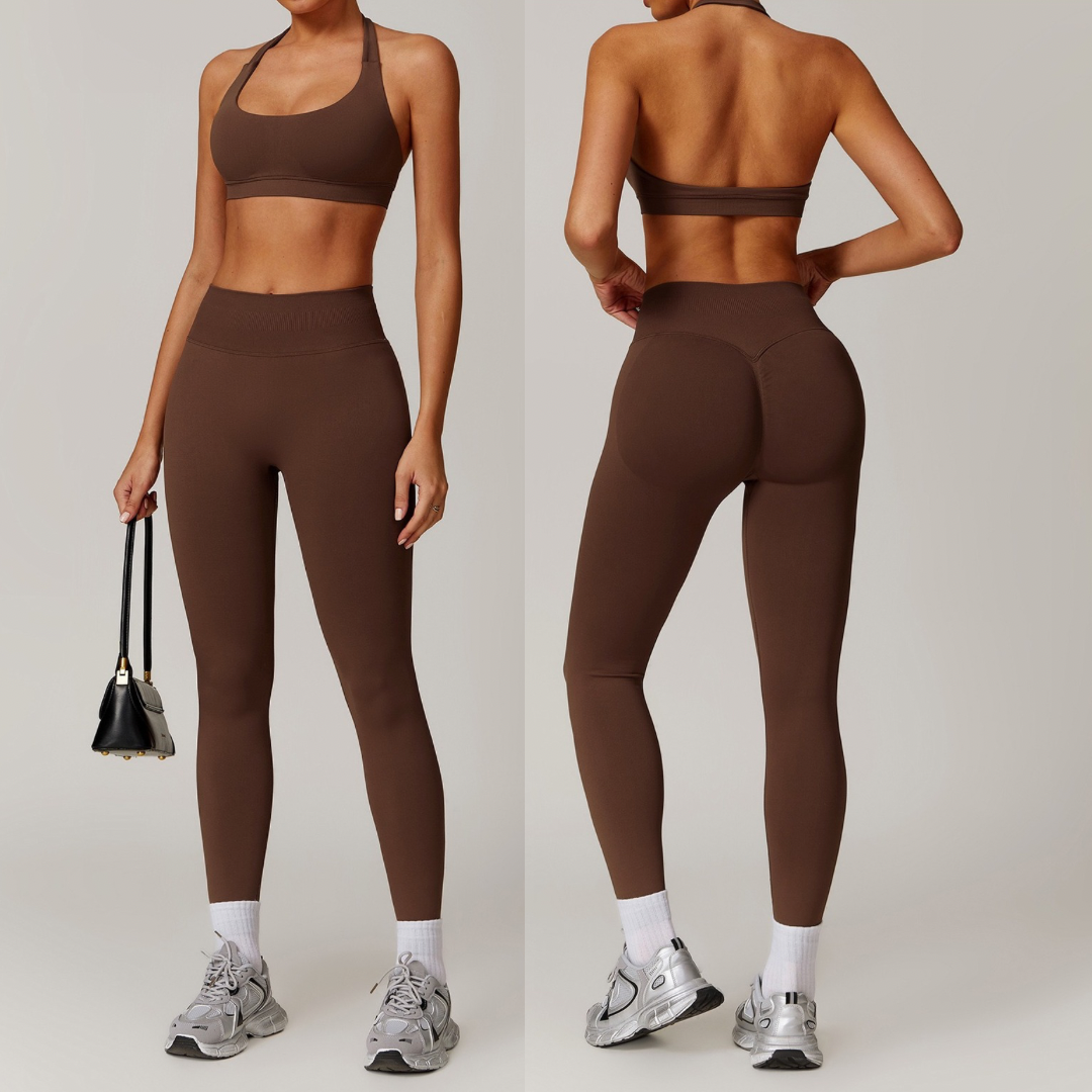 SANDY Seamless Backless Top Legging Set - Coffee