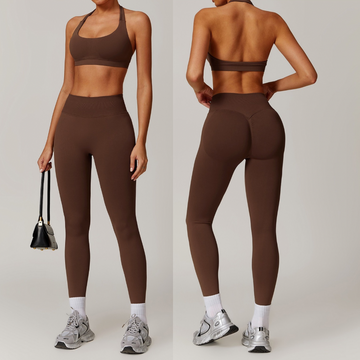 SANDY Seamless Backless Top Legging Set - Coffee