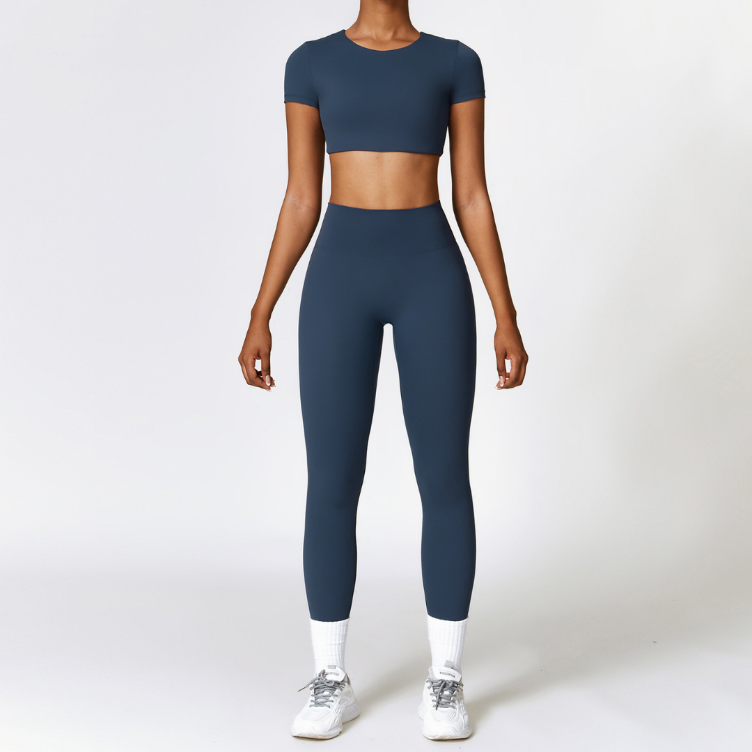 Comfy Short Sleeve Crop Top Legging Set - Navy Blue
