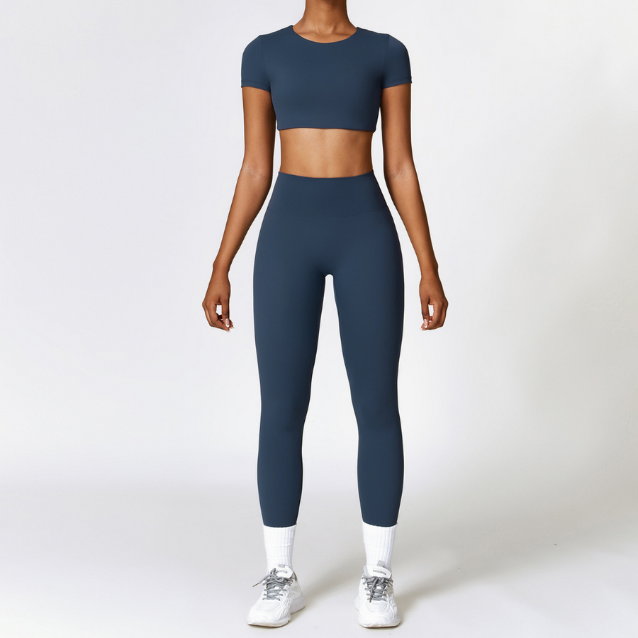 Comfy Short Sleeve Crop Top Legging Set - Navy Blue