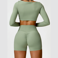 Stylish Long-Sleeve Top Scrunched Short Set - Green