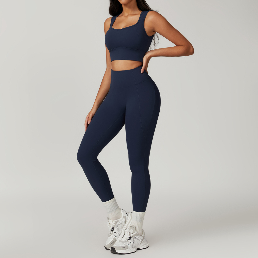 BELLE Chic Style Open Back Legging Set - Navy