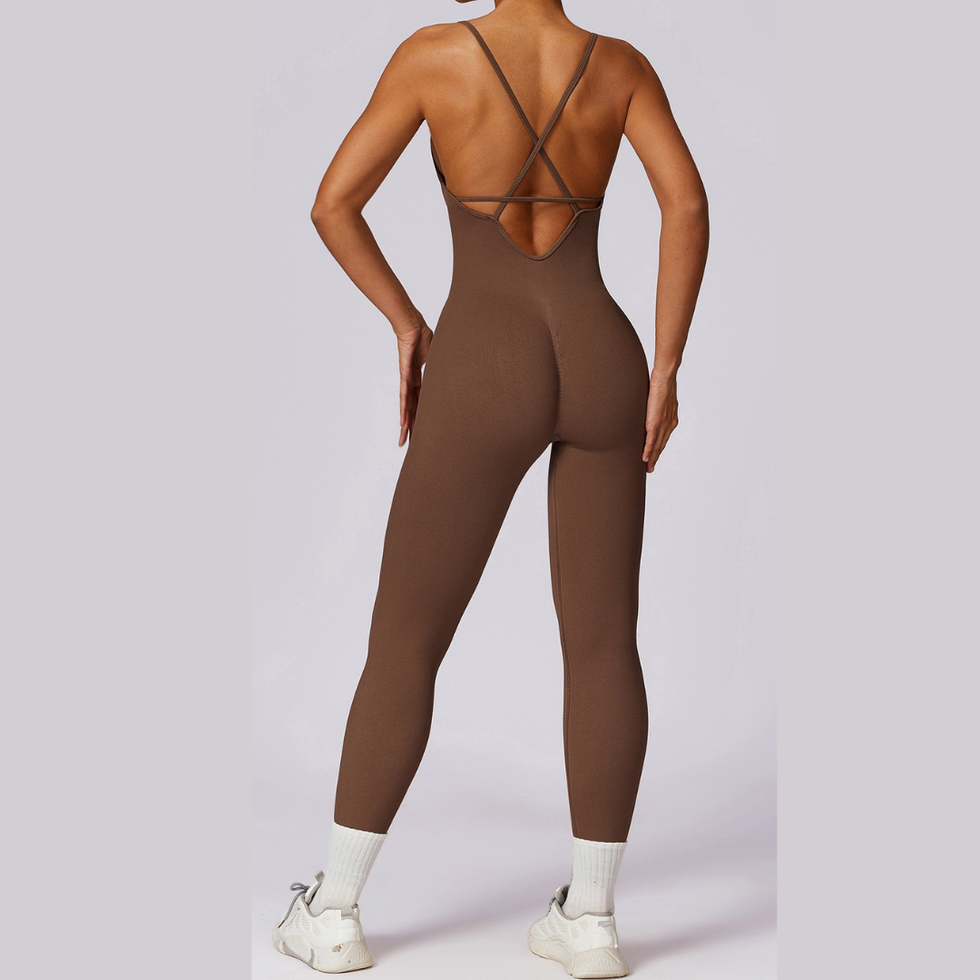 Slim Waist Backless Seamless Jumpsuit - Brown