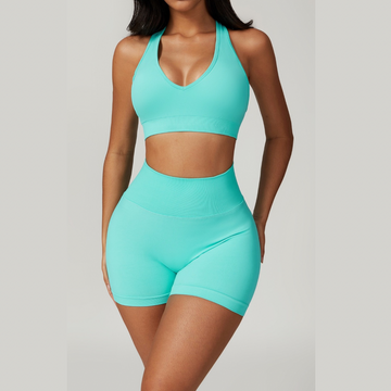 V-Neck Stylish Scrunched Short Set - Tiffany Blue