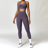 Backless Stylish Top V-Shape Legging Set - Foggy Purple