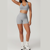 V-Neck Stylish Scrunched Short Set - Grey