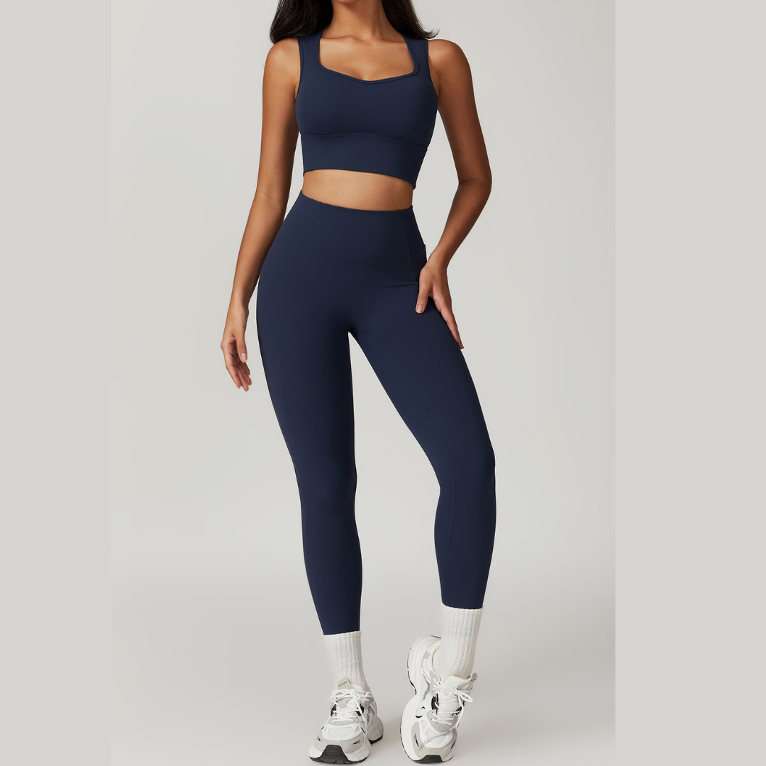BELLE Chic Style Open Back Legging Set - Navy