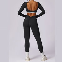 Long Sleeve Backless V-Shape Legging Set - Black