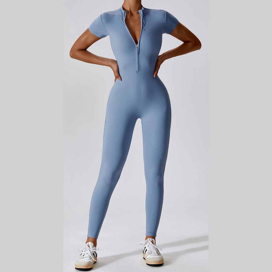 Classic Short-Sleeve Zipped Jumpsuit - Foggy Blue