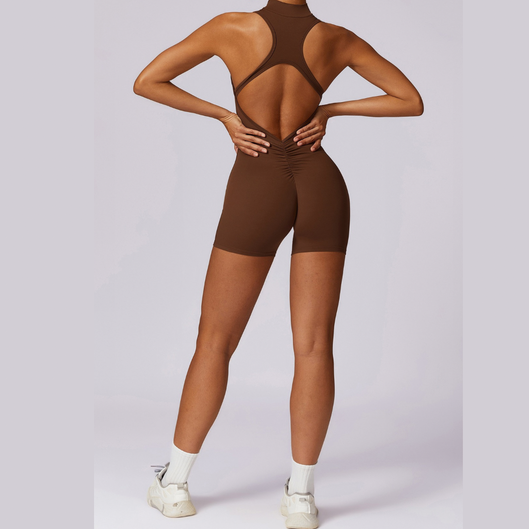 Stylish Zipper Scrunched Romper - Brown