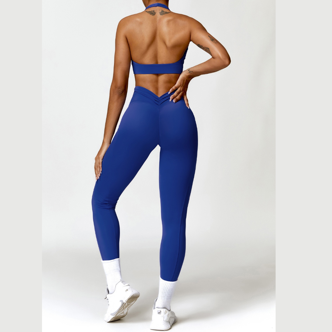 Backless Stylish Top V-Shape Legging Set - Klein Blue