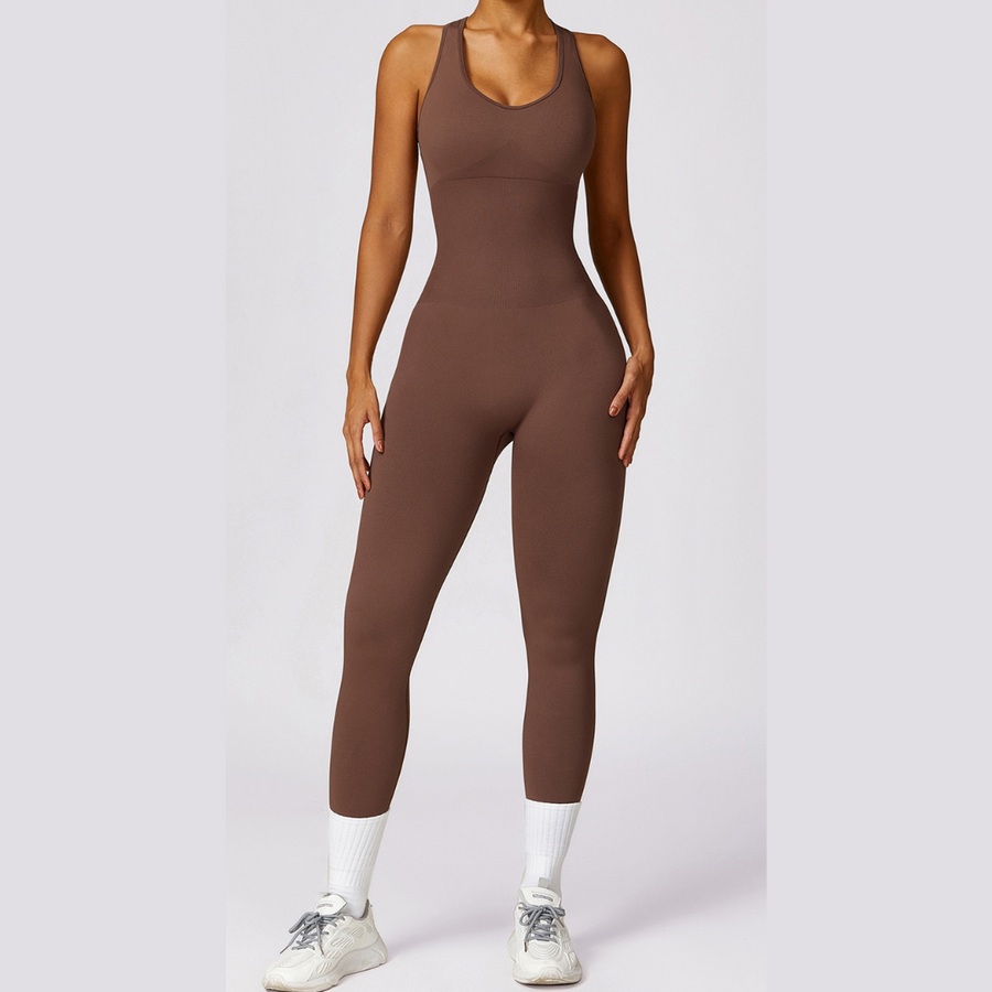 Seamless Cross Back Stylish Jumpsuit - Coffee