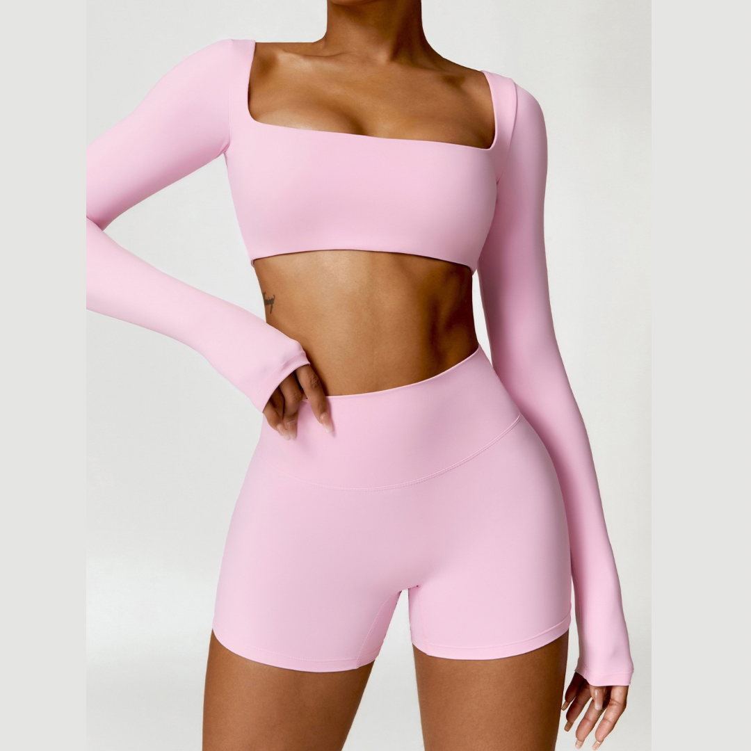 Stylish Long-Sleeve Top Scrunched Short Set - Pink