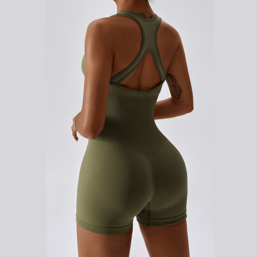 Summer Slim Waist Ribbed Romper - Grass