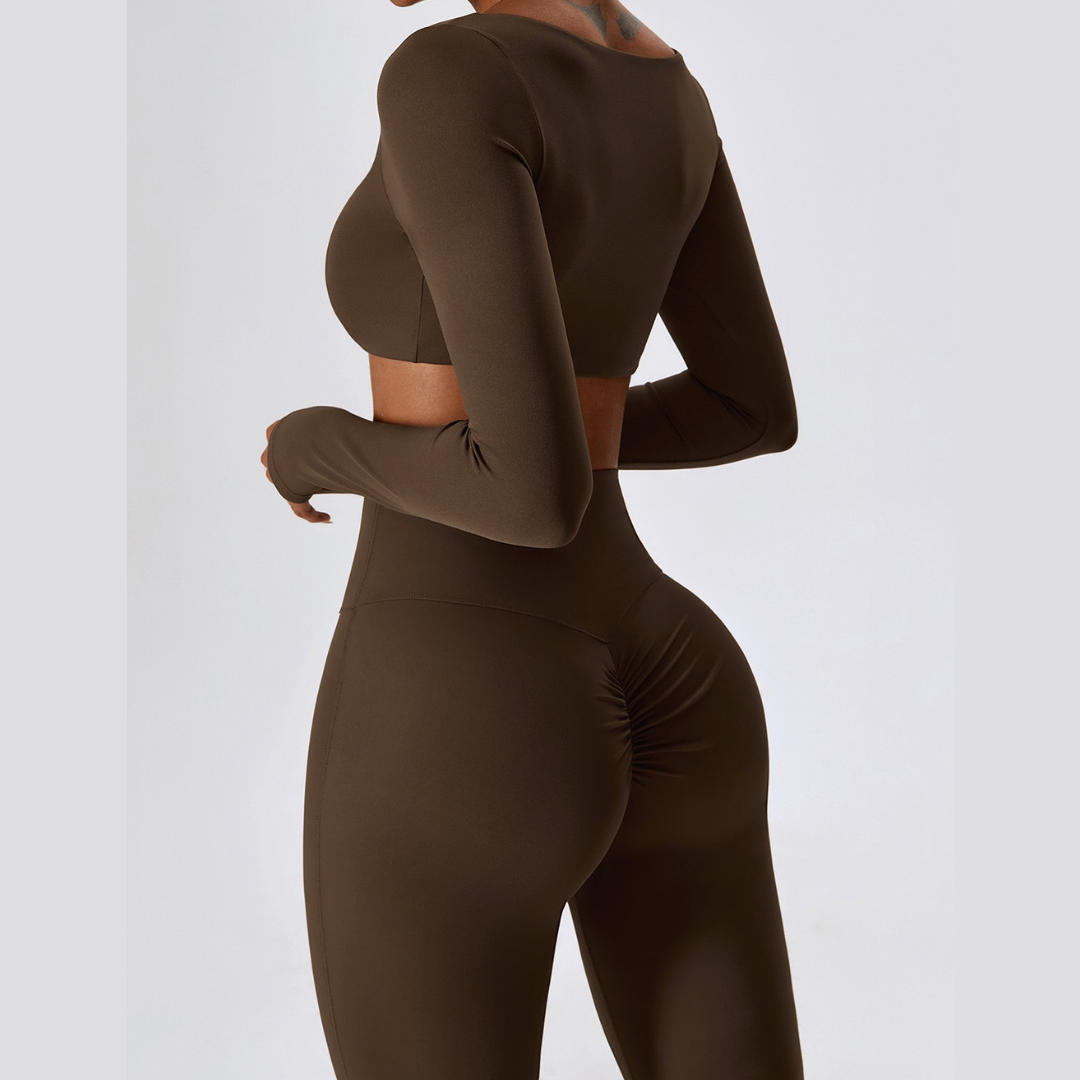 Long Sleeve Scrunch Flared Legging Set - Coffee