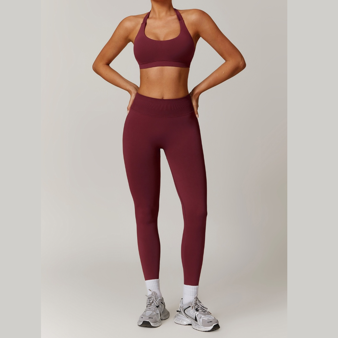 SANDY Seamless Backless Top Legging Set - Burgundy