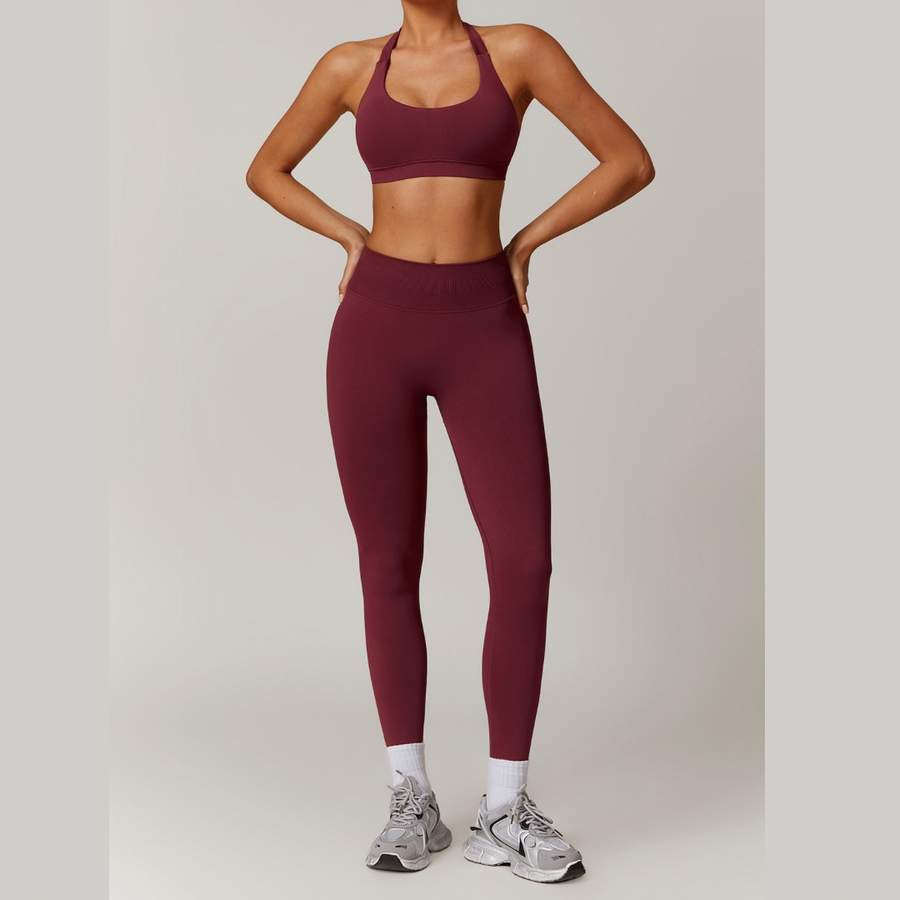 SANDY Seamless Backless Top Legging Set - Burgundy
