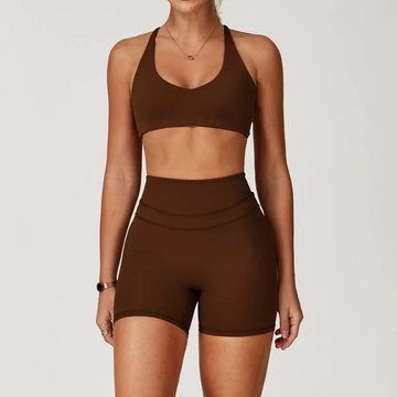 STELLA X-Back Crop Top Short Set - Coffee