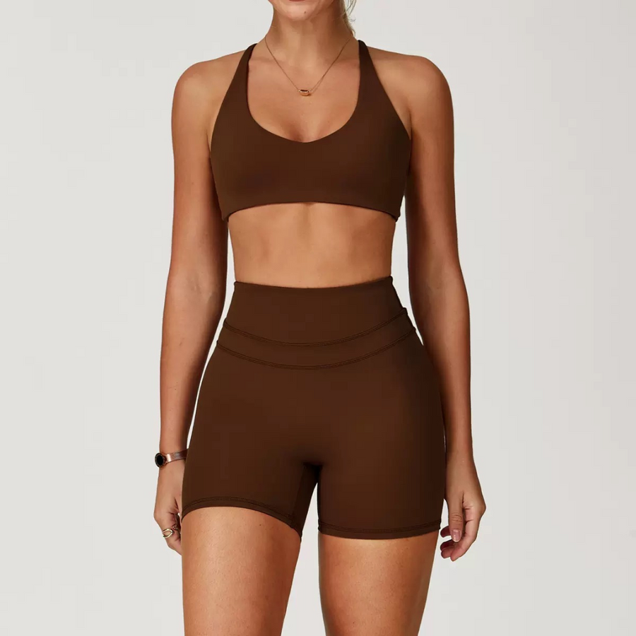 STELLA X-Back Crop Top Short Set - Coffee