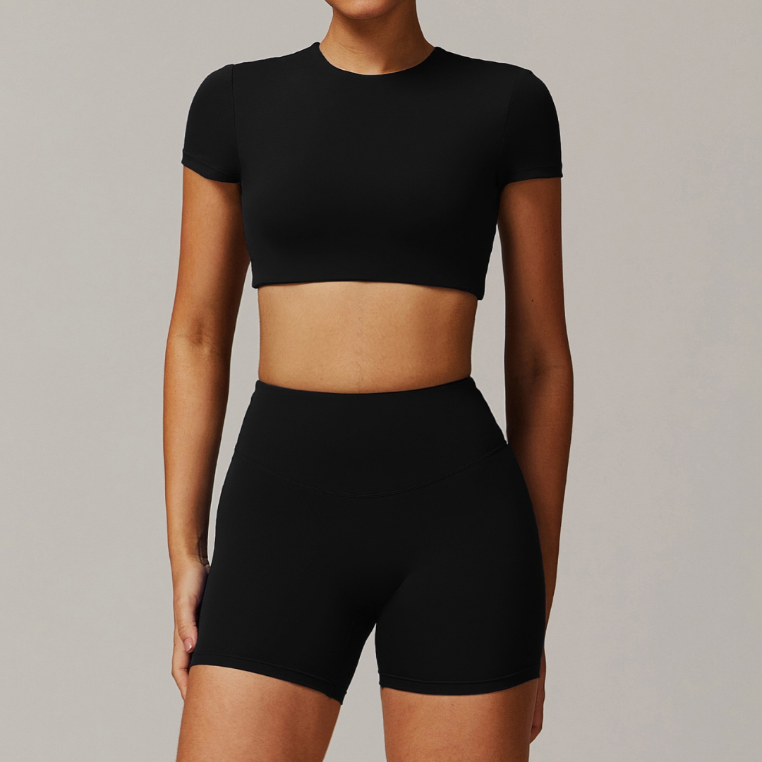 EVA Premium Short Sleeve Top Short Set - Black