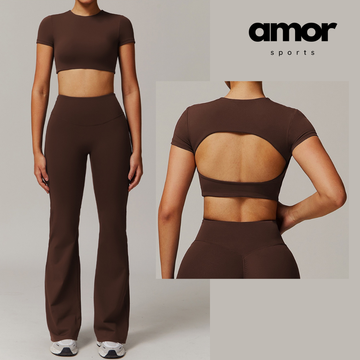 EVA Premium Short Sleeve Top Legging Set - Coffee