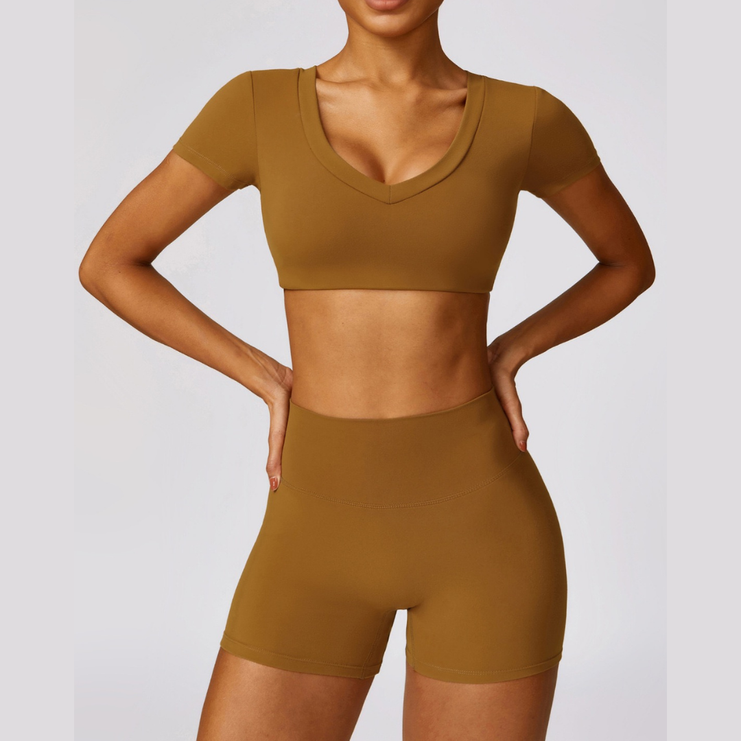 Short Sleeve Premium Short Set - Caramel