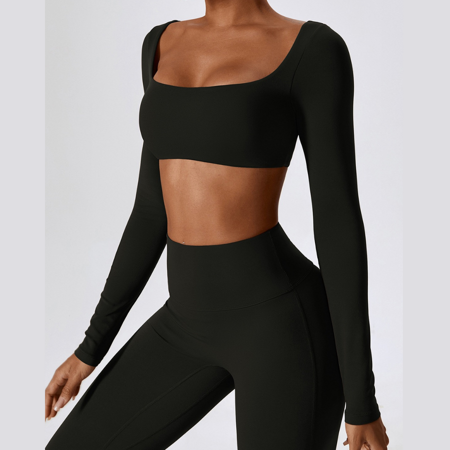 Long Sleeve Scrunch Flared Legging Set - Black