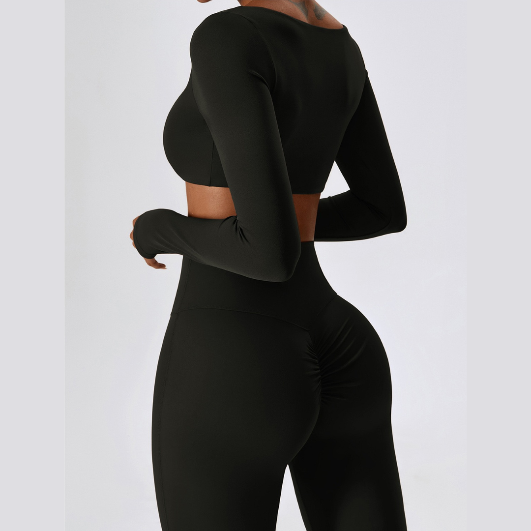 Long Sleeve Scrunch Flared Legging Set - Black