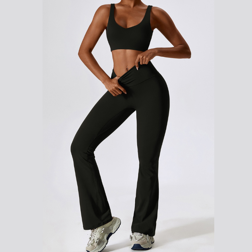 Deep V Flared Legging Set - Black