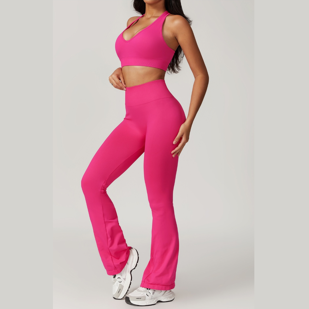 V-Neck Stylish Scrunched Flared Legging Set - Magenta