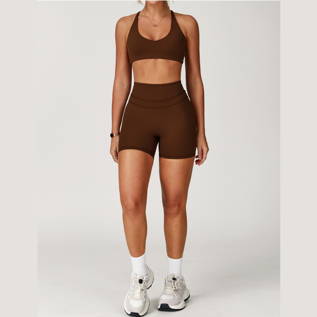 STELLA X-Back Crop Top Short Set - Coffee