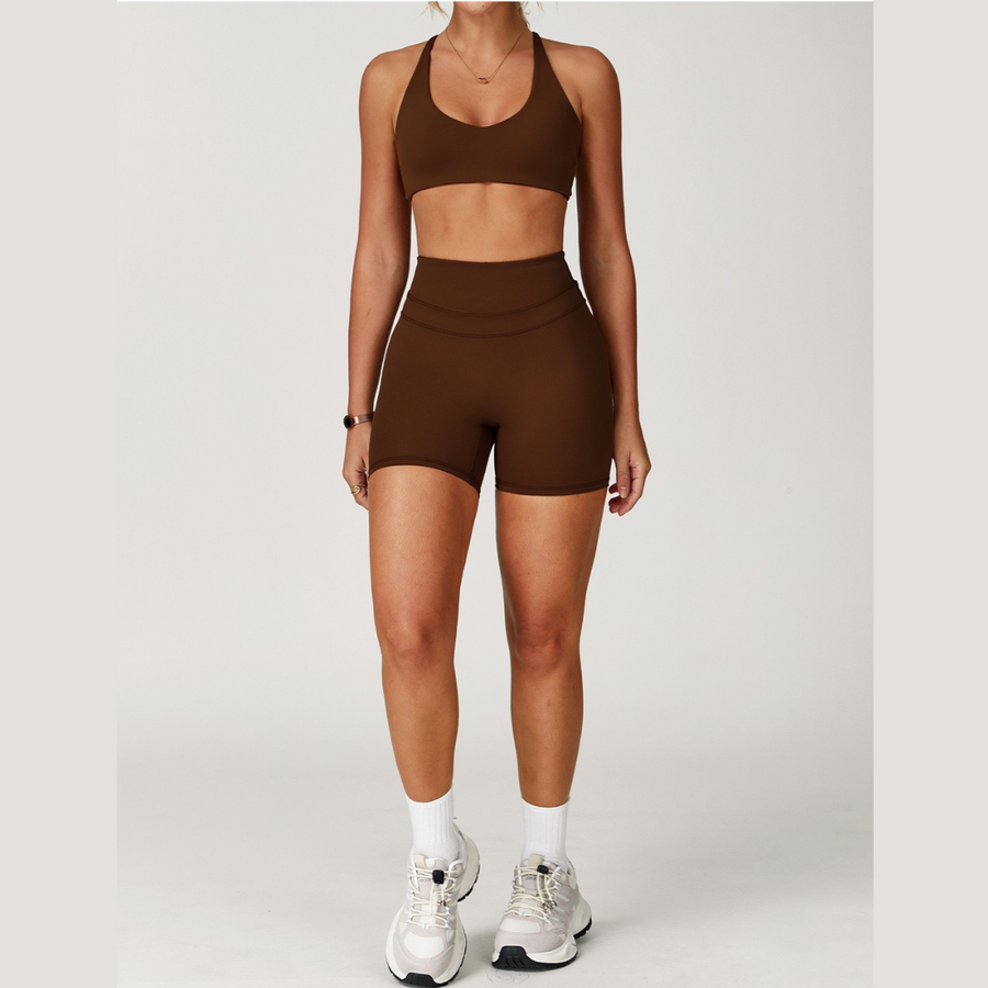 STELLA X-Back Crop Top Short Set - Coffee