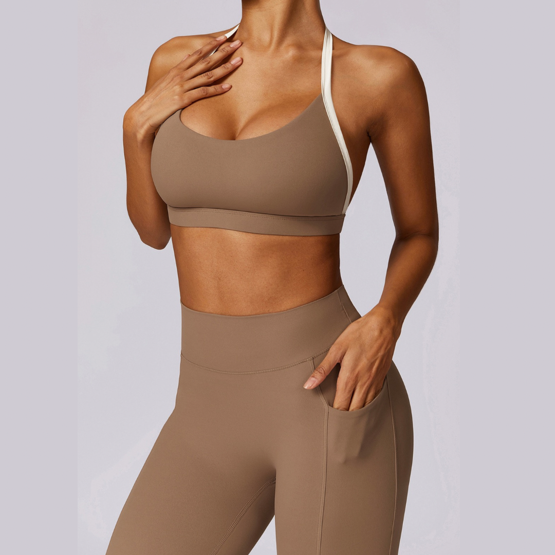 White Strap Backless V-Shape Legging Set - Almond