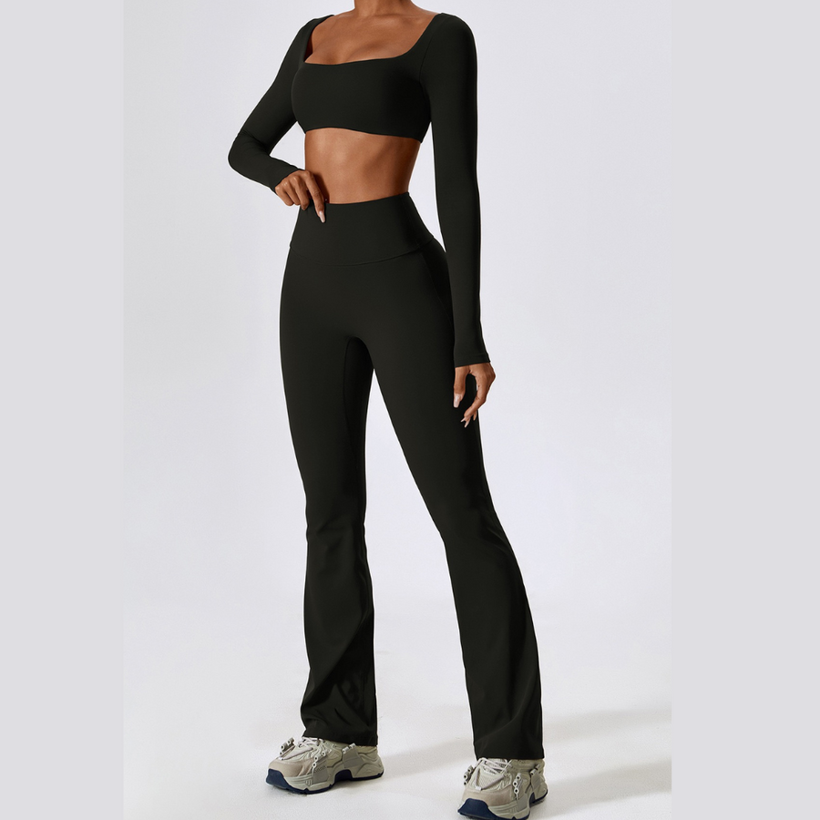 Long Sleeve Scrunch Flared Legging Set - Black