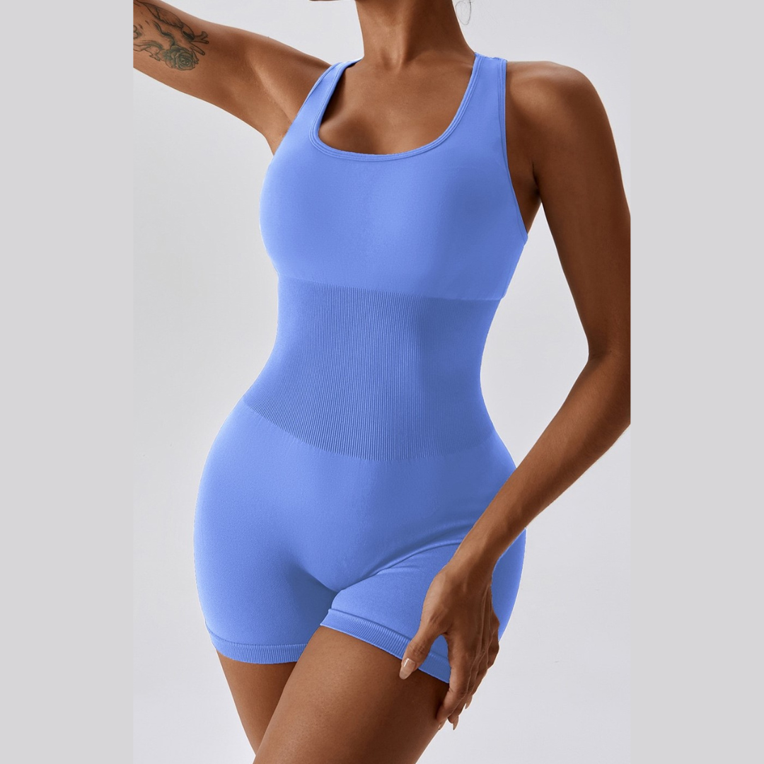 Summer Slim Waist Ribbed Romper - CornFlower