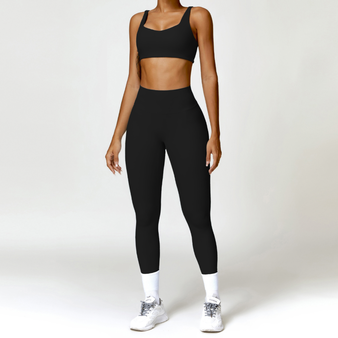 V-Top Skinny Scrunched Legging Set - Μαύρο 