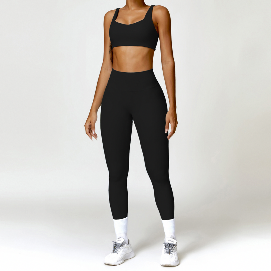 V-Top Skinny Scrunched Legging Set - Black