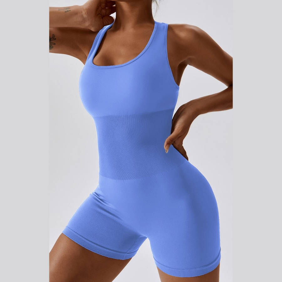 Summer Slim Waist Ribbed Romper - CornFlower