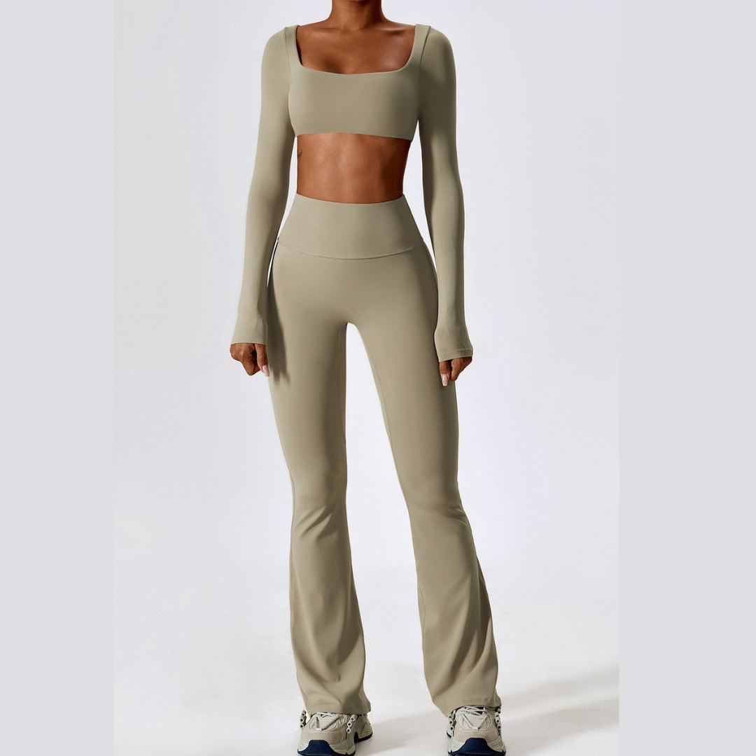 Long Sleeve Scrunch Flared Legging Set - Cream Grey