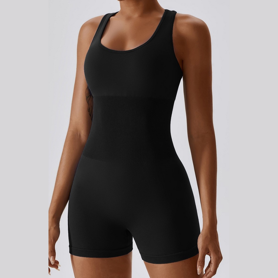 Summer Slim Waist Ribbed Romper - Black