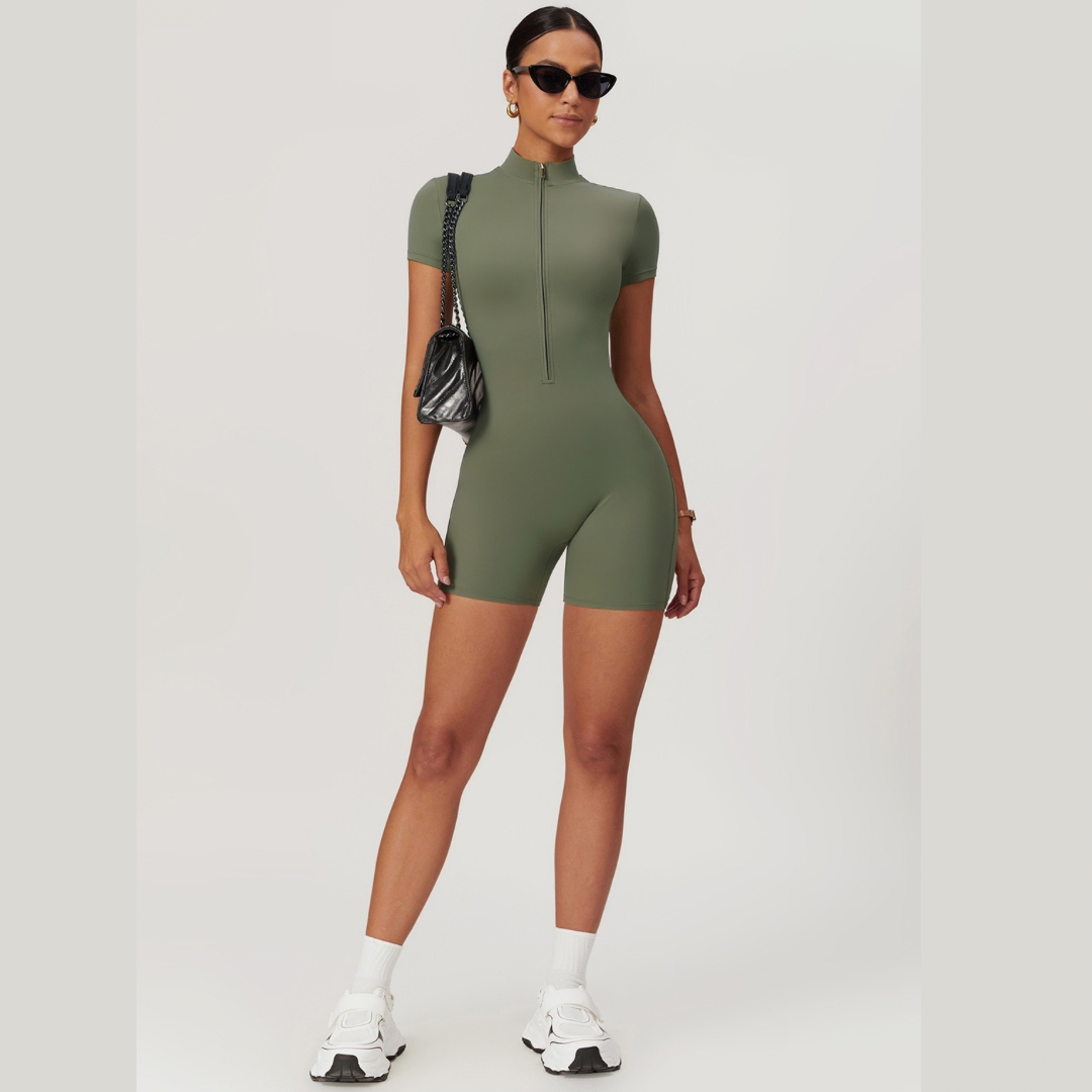 Summer Short-Sleeve Zip Romper - Olive Green