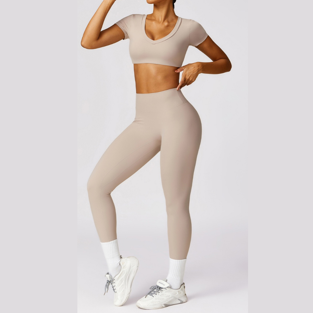 Short Sleeve Premium Scrunched Legging Set - Nude