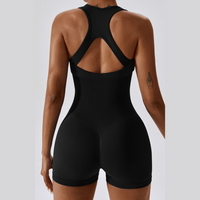 Summer Slim Waist Ribbed Romper - Black